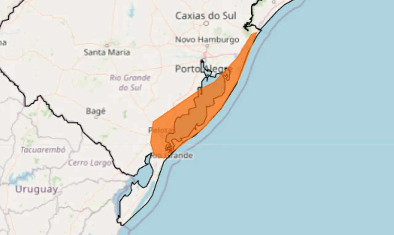 A imagem mostras as áreas em alerta para chuva intensa no RS